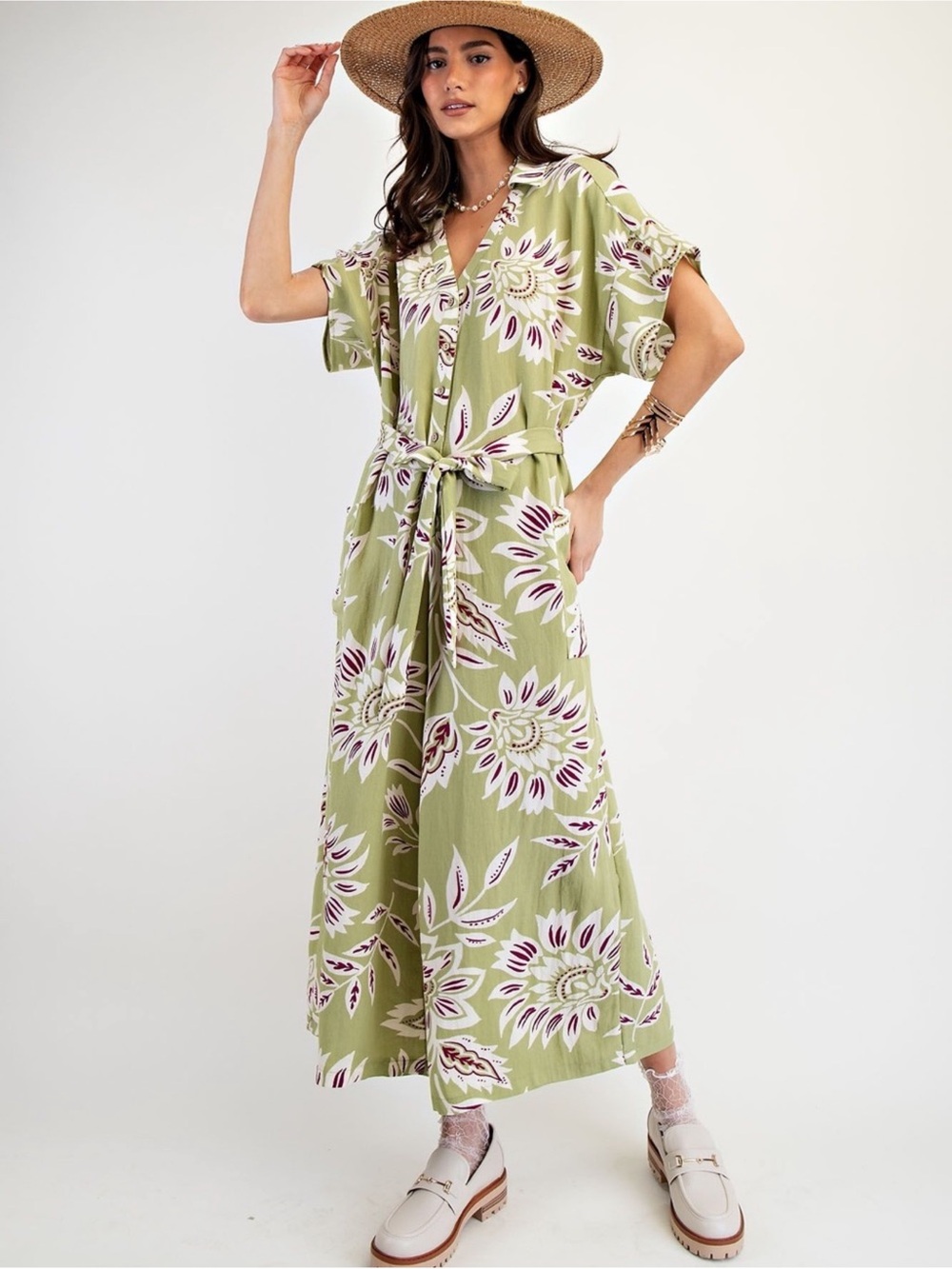 Easel Boho Green & Purple Floral VNeck Tie Waist Wide Leg Jumpsuit Medium NWT